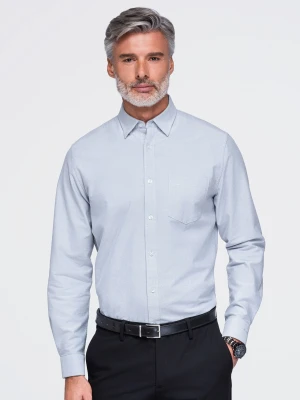 Elegancka męska koszula oxford z haftem i kieszonką – błękitna V1 - Rozmiar: S Ombre Clothing błękitny