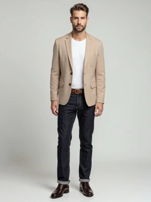 Elegancka męska marynarka SLIM FIT z rayonem – beżowa V2 - Rozmiar: L Ombre Clothing