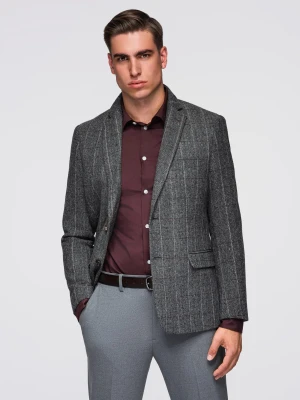 Elegancka męska marynarka w kratkę z domieszką wełny – szara V1 - Rozmiar: S Ombre Clothing