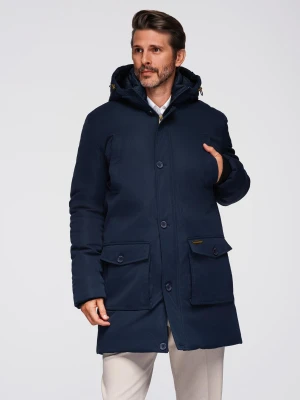 Elegancka męska parka z kieszeniami cargo i kapturem – granatowa V2 - Rozmiar: S Ombre Clothing