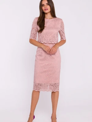 Elegancka ołówkowa dwuczęściowa sukienka koronkowa różowa Stylove