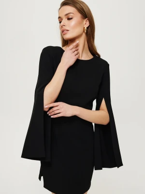 Elegancka ołówkowa sukienka mini rozcięte rękawy niebieska Makover