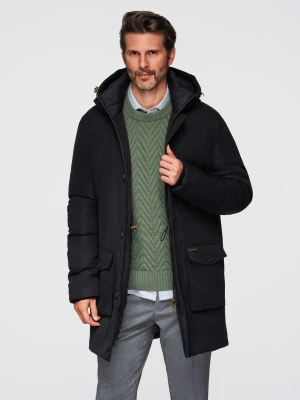 Elegancka parka męska z kieszeniami cargo i kapturem – czarna V1 - Rozmiar: XL Ombre Clothing