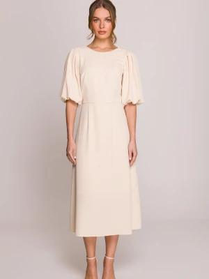 Elegancka sukienka koktajlowa z bufiastymi rękawami kremowa Stylove