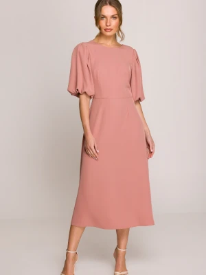 Elegancka sukienka koktajlowa z bufiastymi rękawami różana Stylove