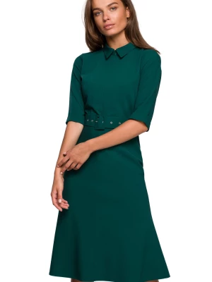 Elegancka sukienka koszulowa z kołnierzykiem i paskiem w talii zielona Stylove