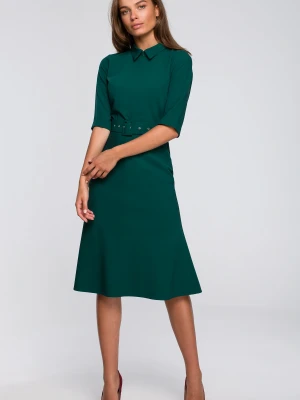 Elegancka sukienka koszulowa z kołnierzykiem paskiem zielona Stylove