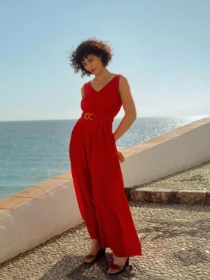 Elegancka sukienka maxi czerwona z paskiem Greenpoint