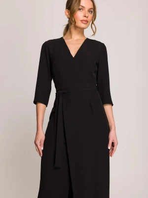 Elegancka sukienka midi z dekoltem V i rozcięciem czarna Stylove