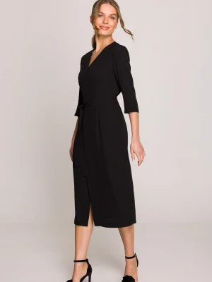 Elegancka sukienka midi z dekoltem V i rozcięciem czarna Stylove