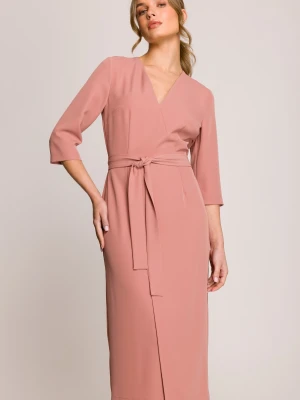 Elegancka sukienka midi z dekoltem V i rozcięciem różana Stylove