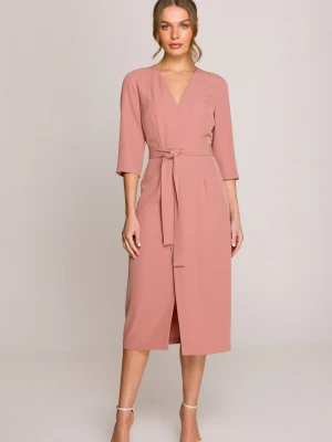 Elegancka sukienka midi z dekoltem V i rozcięciem różana Stylove