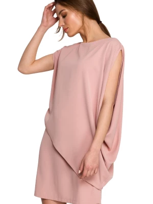 Elegancka sukienka mini z asymetryczną falbaną drapowana różowa Stylove