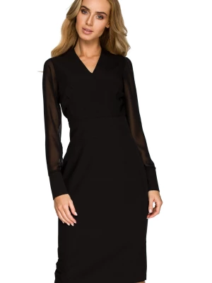 Elegancka sukienka ołówkowa midi dekolt V szyfonowe rękawy czarna Sukienki.shop
