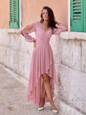 Elegancka sukienka szyfonowa różowa z długim rękawem Luca Roco