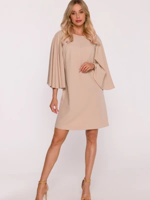 Elegancka sukienka trapezowa z bufiastymi rękawami beżowa Stylove