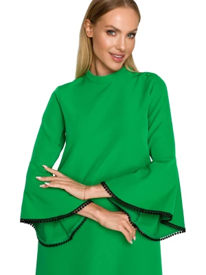 Elegancka sukienka trapezowa z bufiastymi rękawami z falbanami zielona Polski Producent