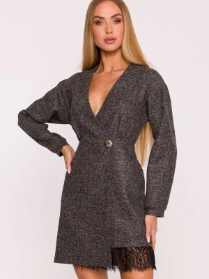 Elegancka sukienka tweedowa trapezowa kopertowa bordowa Moe