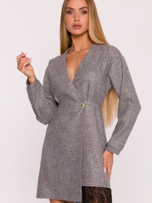 Elegancka sukienka tweedowa trapezowa kopertowa różowa Moe