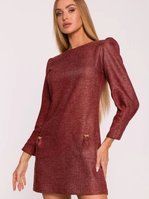 Elegancka sukienka tweedowa trapezowa mini bordowa Moe