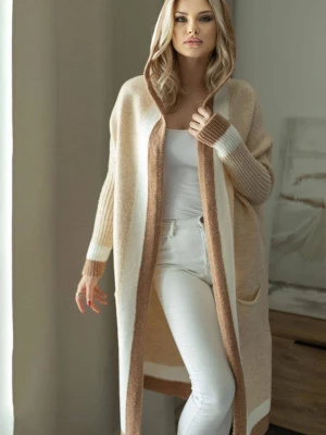 Elegancki długi sweter kardigan z kapturem beżowy z wełną PeeKaBoo