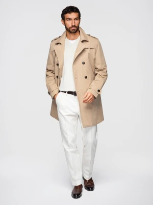 Elegancki dwurzędowy męski płaszcz trencz SLIM FIT z paskiem - beżowy V1 - Rozmiar: L Ombre Clothing