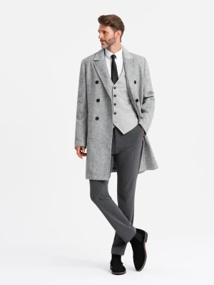 Elegancki dwurzędowy męski płaszcz w jodełkę – szary V1 Ombre Clothing