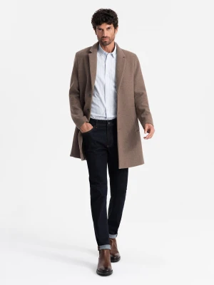 Elegancki jednorzędowy męski płaszcz z wełną – brązowy V1 - Rozmiar: XL Ombre Clothing