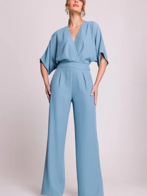 Elegancki kombinezon damski z kopertowym dekoltem fioletowy Stylove