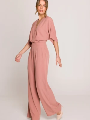 Elegancki kombinezon damski z kopertowym dekoltem różany Stylove