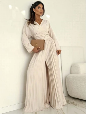 Elegancki kombinezon z plisowanymi nogawkami ADRA - beżowy  magmac 