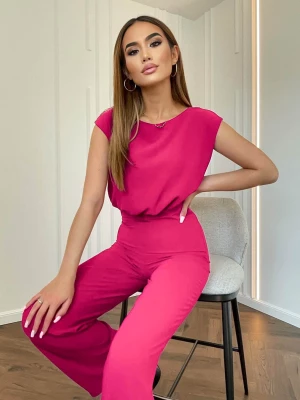 Elegancki komplet różowy fuksja bluzka z wiązaniem + szerokie spodnie Fresh PERFE