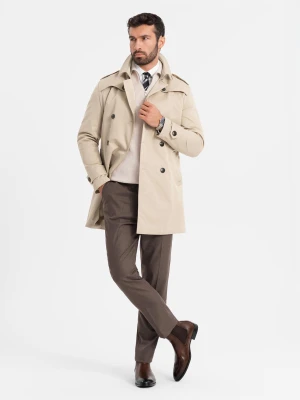 Elegancki męski płaszcz trencz SLIM FIT z paskiem – beżowy V1 - Rozmiar: L Ombre Clothing