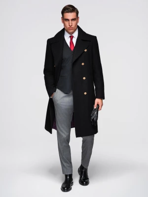 Elegancki militarny dwurzędowy płaszcz męski z wełną - czarny V1 - Rozmiar: M Ombre Clothing