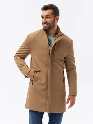 Męski płaszcz ze stójką i pikowaną podszewką - camel V4 OM-COWC-0103
 -                                    XXL
