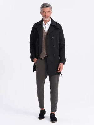 Elegancki płaszcz męski trencz SLIM FIT z paskiem - czarny V2 OM-COSC-0111
 -                                    XL
