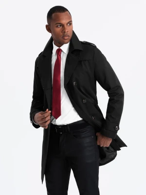 Elegancki płaszcz męski trencz SLIM FIT z paskiem – czarny V2 - Rozmiar: XXL Ombre Clothing