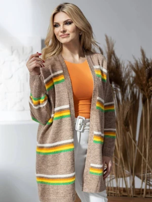 Elegancki sweter kardigan w kolorowe paski cappuccino PeeKaBoo