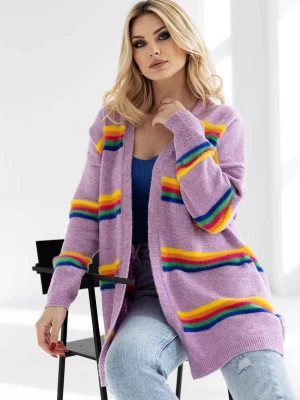 Elegancki sweter kardigan w kolorowe paski liliowy PeeKaBoo