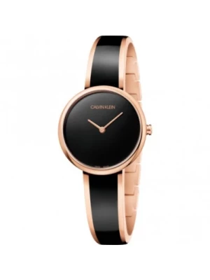 Elegancki zegarek kwarcowy z czarną tarczą i stalowym paskiem w kolorze różowego złota Calvin Klein
