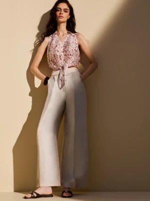 Eleganckie jasnobeżowe spodnie z lnu i wiskozy TARANKO