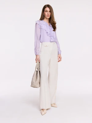 Eleganckie kremowe spodnie z lyocellu z bawełną i lnem TARANKO