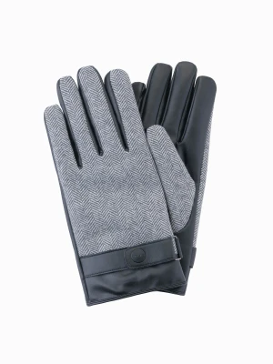 Eleganckie męskie rękawiczki z łączonych materiałów z wełną – szary melanż V1 - Rozmiar: one size Ombre Clothing