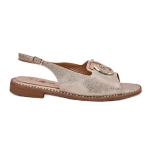 Eleganckie Sandały Z Ozdobą Na Płaskim Obcasie S.Barski KV51-003 Złote złoty