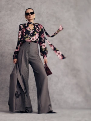 Eleganckie wełniane spodnie w pepitkę z wysokim stanem TARANKO