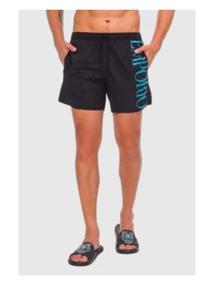 EMPORIO ARMANI Czarne męskie szorty kąpielowe z turkusowym logo, Rozmiar 50