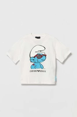 Emporio Armani t-shirt bawełniany dziecięcy The Smurfs kolor biały z nadrukiem