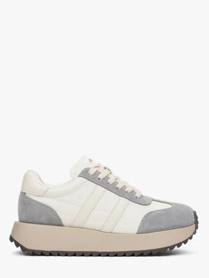 ES8: Beżowo-szare sneakersy damskie ze skóry naturalnej i weluru