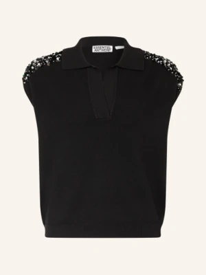 Essentiel Antwerp Dzianinowa Koszulka Polo Joline Z Cekinami I Kamieniami Ozdobnymi schwarz