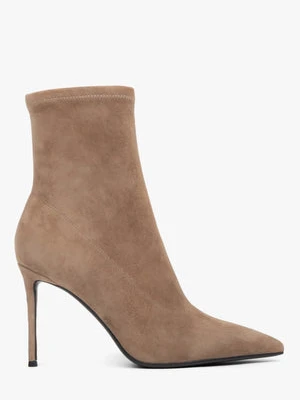 Estro: Beżowe botki damskie z elastyczną cholewą na wysokiej szpilce